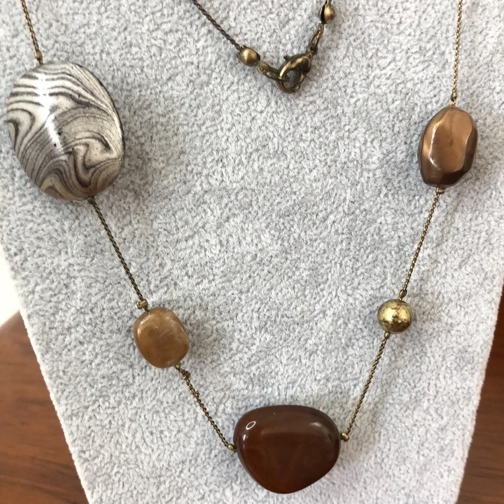 4/$20 Long Large Bead Necklace Brown and Gold Tones with Silver Tone Accent Bead
